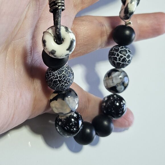 Black And White Themed Semiprecious Beaded Necklace Cord Chain 19-22" - Picture 3 of 15